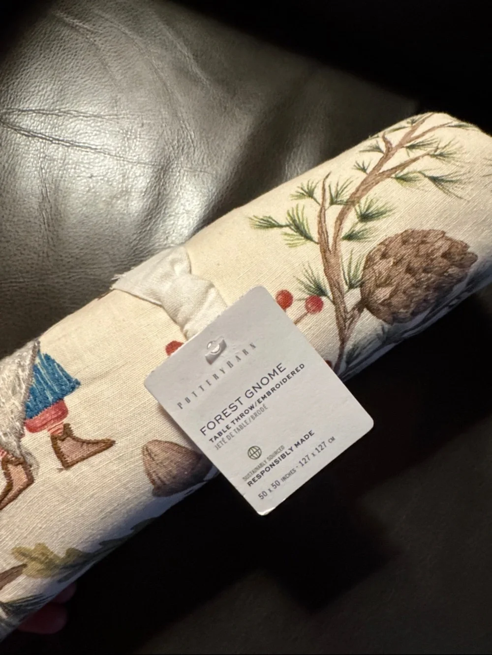 Pottery Barn Embroidered Gnome Table Throw - White with Red and Brown Accents